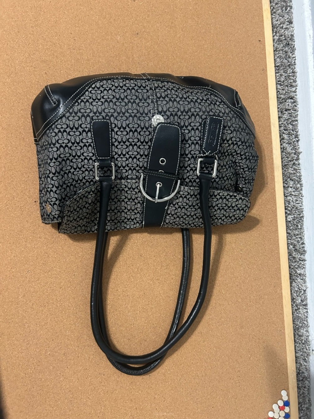 Coach Black Patterned Shoulder Bag with Buckle Accent